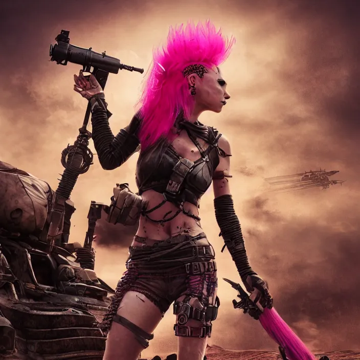 Prompt: beautiful apocalyptic woman with pink Mohawk, standing on mad max panzer tank, 4k ultra hd, fantasy dark art, smooth, artstation, octane render