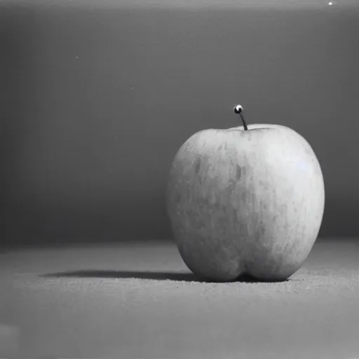 Prompt: A pinhole-styled photograph of a surrealist scene of an apple in a room with some strange objects scattered around, shallow depth of field, wide-angle lens