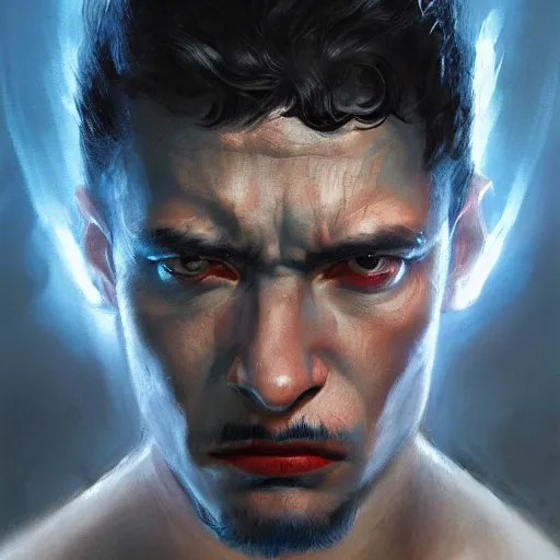 Image similar to A portrait of blue-skinned man, red eyes, black hair with widows peak, angry, dramatic lighting, star wars art, art by greg rutkowski, matte painting, trending on artstation