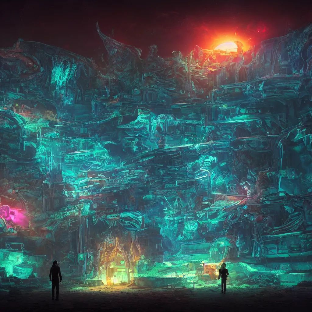 Prompt: explorer wandering through the ruins of an ancient city while neon lights show the outline of a leviathan in the skies above