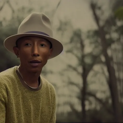 Image similar to cinematic film still of Pharrell Williams Making A Beat with an anthropomorphic alien, Japanese VFX, 2018, 400mm lens, f1.8, shallow depth of field,film photography