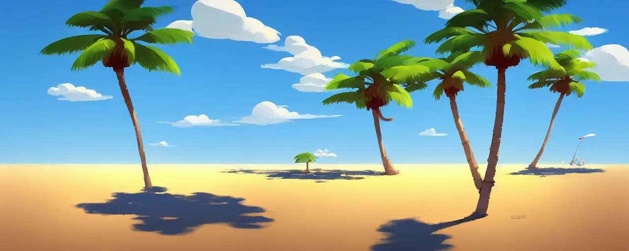 Prompt: painting by goro fujita!! bright blue illustration of a beach horizon with clouds and one palm tree in the style of goro fujita, sharp focus, highly detailed, artstation