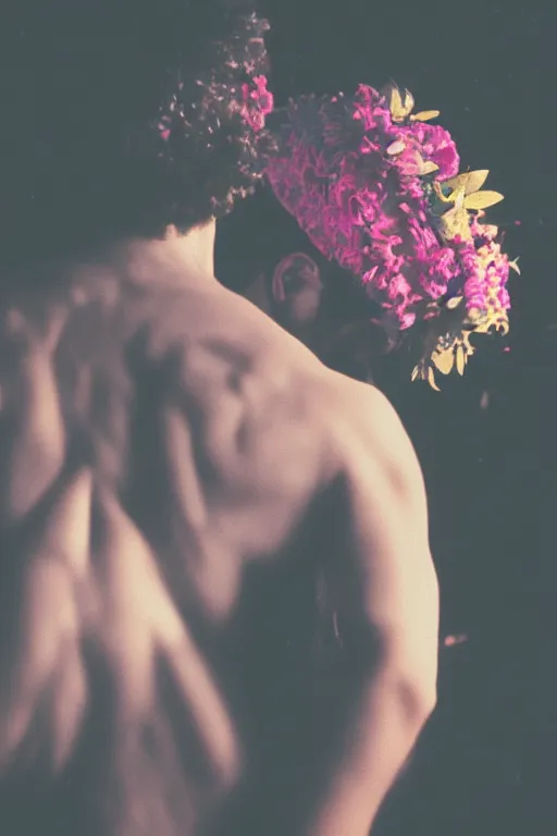 Image similar to kodak portra 4 0 0 photograph of a skinny guy looking into a otherworldly portal, flower crown, back view, vaporwave colors, grain, moody lighting, moody aesthetic,