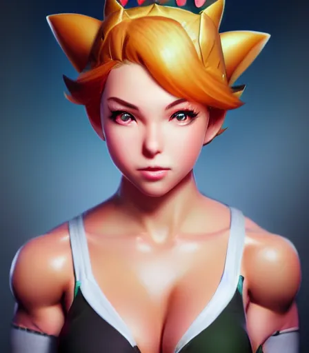 Prompt: beautiful portrait of a gorgeous personal trainer who looks like Bowsette , character design by charlie bowater, ross tran, artgerm, and makoto shinkai, detailed, soft lighting, rendered in octane