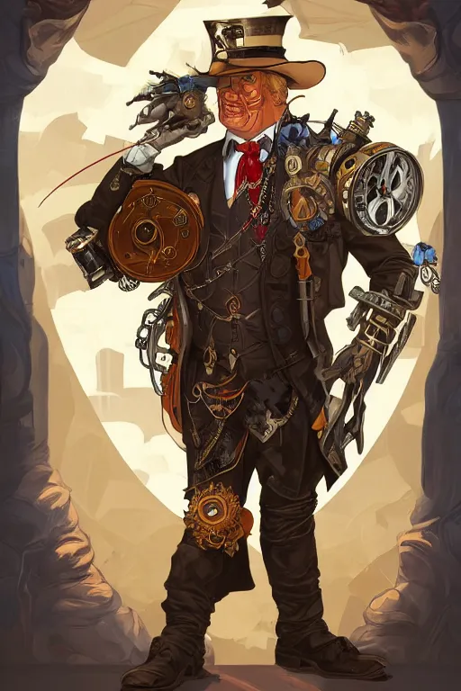 Prompt: anthropomorphic trump as steampunk half - cyborg, western, high fantasy, dnd, smooth, sharp focus, illustration, highly detailed, digital painting, artstation, concept art, by disney animation, rossdraws, alphonse mucha, frank fanzzeta, collectible card art