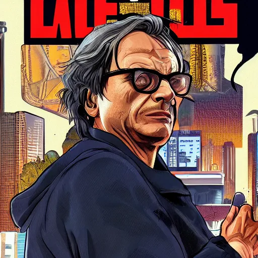 Prompt: Félix Guattari in GTA V, Cover art by Stephen Bliss, boxart, loading screen