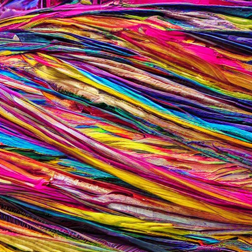 Image similar to millions of thin twisted ribbons of colorful fabric unravel chaotically in strong winds across a dark night sky, unreal engine