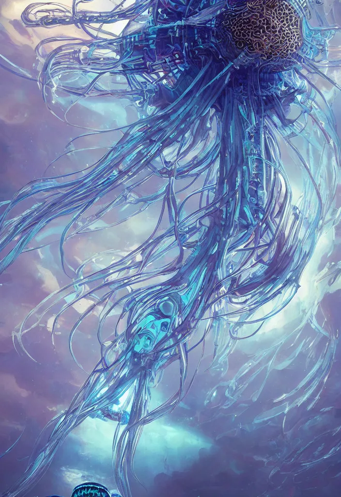 Image similar to Panorama hyper detailed painting of a cyberpunk jellyfish, blue tones, underwater, 8 mm, highly detailed, digital painting, artstation, concept art, smooth, sharp focus, illustration, art by artgerm and greg rutkowski and alphonse mucha