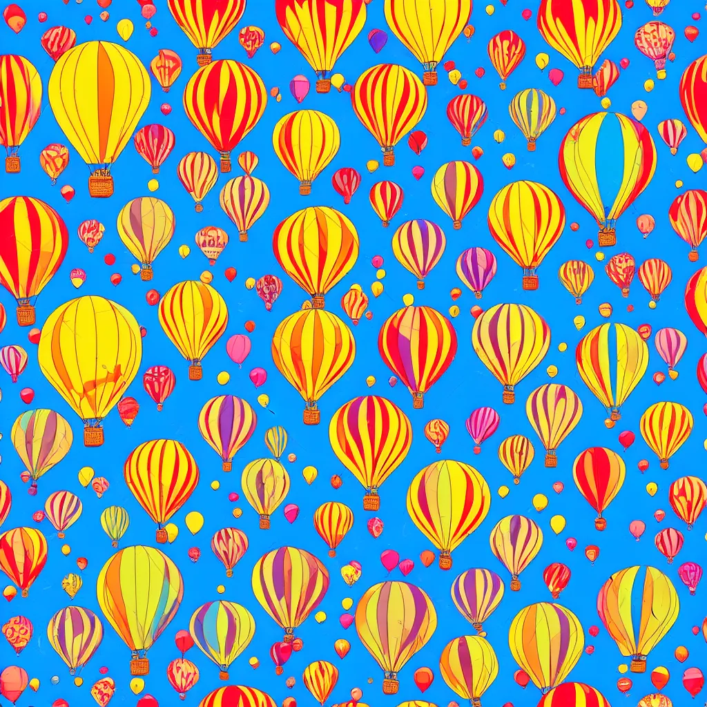 Prompt: seamless pattern of hot air balloons in beautiful sky, colourful, symmetrical, repeating 35mm photography