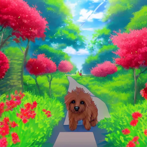 Image similar to A blond Norfolk terrier in the style of 90s anime, bright,red flowers, foot path, trees, award winning, trending on artstation