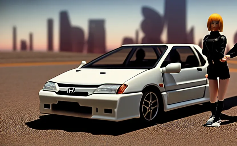 Prompt: photograph of a cell-shaded Honda EK9 Type-R with a techwear woman , on a desert road with a futuristic city in the horizon, one point perspective, 1-point perspective, tilt shift, sigma 85mm f/1.4, 4k, depth of field, high resolution, 4k, 8k, hd, full color