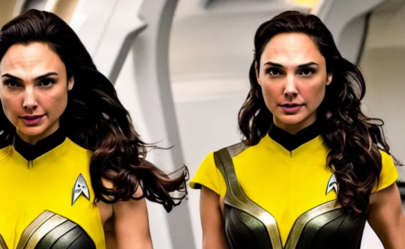 Image similar to Gal Gadot, wearing a yellow uniform, is the captain of the starship Enterprise in the new Star Trek movie