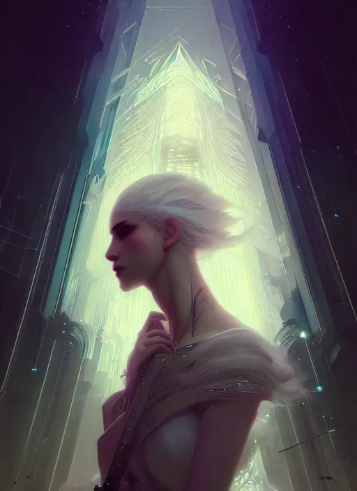 Image similar to a beautiful white haired princess, intricate concept art, ethereal, enchanted, ominous, dramatic lighting, illuminated lines, outrun, vaporware, cyberpunk darksynth, dark background, 8 k, by ruan jia and krenz cushart and alphonse mucha