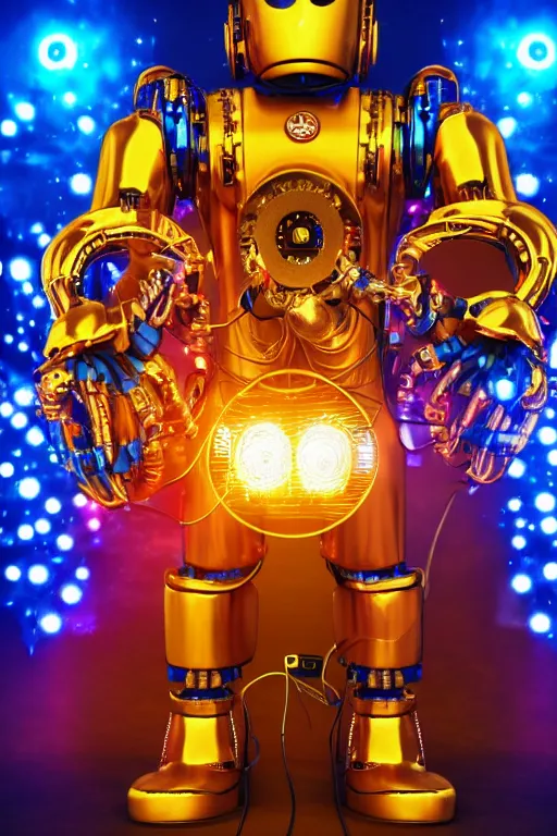 Prompt: portrait photo of a giant huge golden and blue metal humanoid steampunk robot dj with multicolored big gears and headphones, a red dj mixer, eyes are glowing red lightbulbs, shiny crisp finish, 3 d render, 8 k, insaneley detailed, fluorescent colors, background is multicolored lasershow