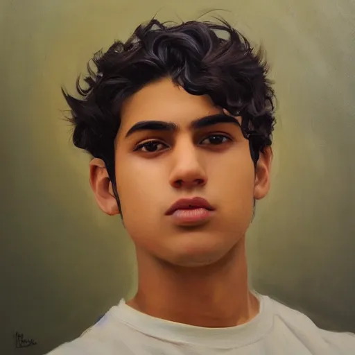 Image similar to oil painting by ilya kuvshinov,, baugh casey, rhads, coby whitmore, of a youthful persian - indian college student, male, curly black hair, holding lolipop, outdoors, highly detailed, breathtaking face, studio photography, dawn, intense subsurface scattering, blush, supple look, innocence, intense sunlight