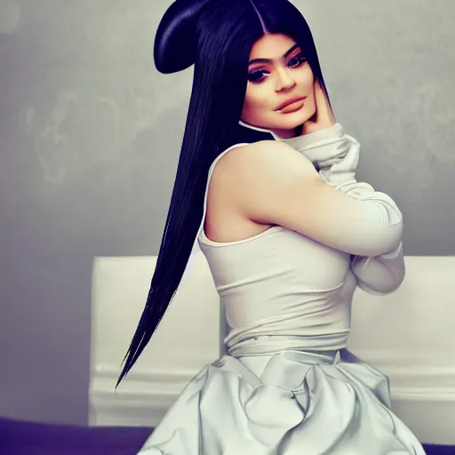 Prompt: kylie jenner in 2 b cosplaying maid outfit light cinematography photoshoot highly realistic