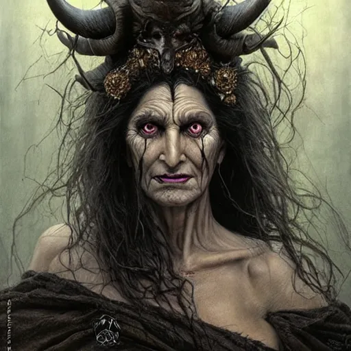 Image similar to head and shoulders portrait of an evil, black - skinned, horned night hag portrayed by olympia dukakis, d & d, fantasy, luis royo, magali villeneuve, donato giancola, wlop, krenz cushart