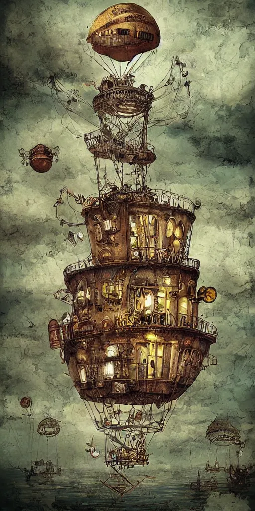 Prompt: a detailed digital painting of a steampunk living airship by alexander jansson and where's waldo and leonardo da vinci