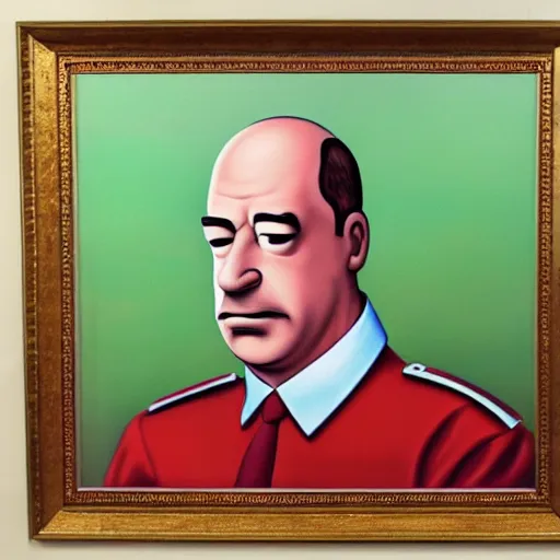 Image similar to homer simpson wearing a soviet dictator uniform ( oil painting portrait, greatly painted, 4 k, smooth painting, high detailed, and greatly illustrated )