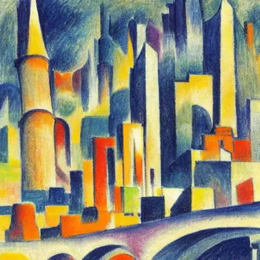 Prompt: A beautiful drawing of a cityscape with tall spires and delicate bridges. Dreamworks, 1930s by August Macke soothing, kaleidoscopic