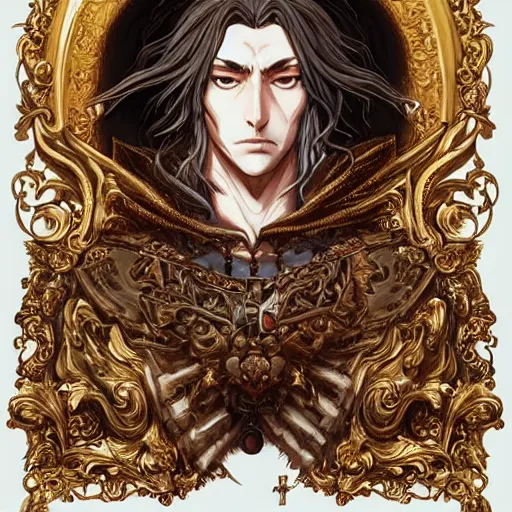 Image similar to portrait of a king, baroque style, elegant, beautiful, mesmerizing, concept art, fancy clothing, highly detailed, artstation, behance, deviantart, inspired by innocent manga, inspired by castlevania concept art, trending, ayami kojima, shinichi sakamoto