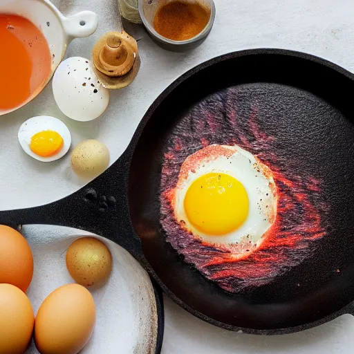 Prompt: Making sunny-side up eggs on a pan on magma flowing out of volcano, realistic, breathtaking, highly detailed