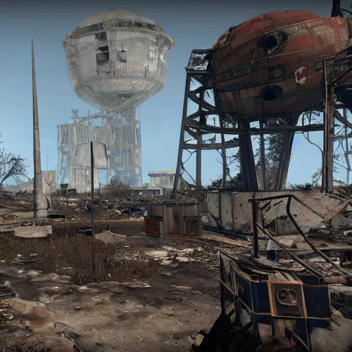 Prompt: kennedy space center in ruins post - nuclear war in fallout 4, in game screenshot