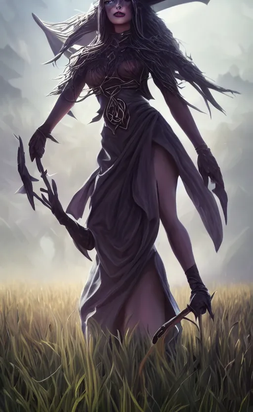 Image similar to medium shot of dark elf witch in field, sunny, highly detailed, d & d, fantasy, highly detailed, digital painting, trending on artstation, concept art, sharp focus, illustration, global illumination, ray tracing, realistic shaded, art by artgerm and greg rutkowski and fuji choko and viktoria gavrilenko and hoang lap