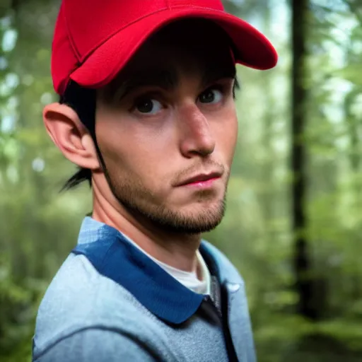 Image similar to realistic photo of ash ketchum in a forest, well lit, real, photogenic, detailed, 8 k, global illumination