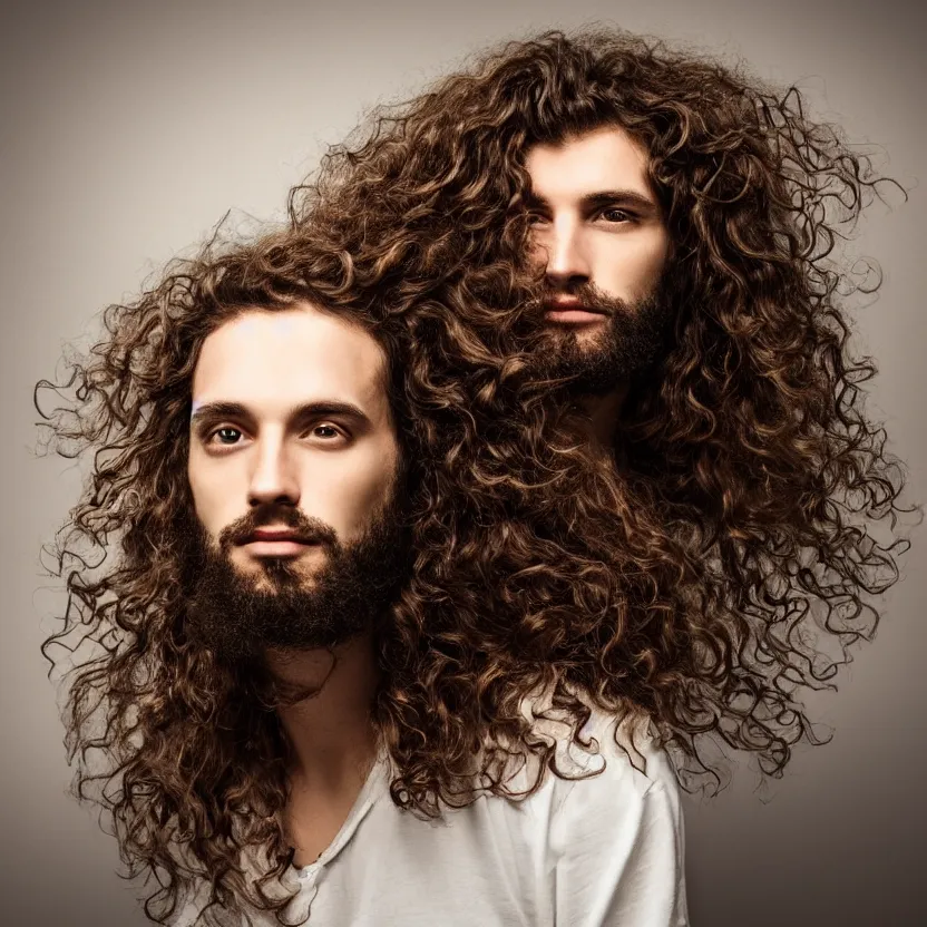 Prompt: portrait of a man, long curly hair, top lighting