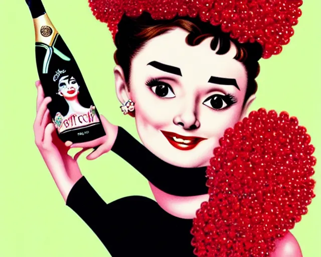 Image similar to audrey hepburn as a cancan dancer with a big bottle of champagne in art deco style, nicoletta ceccoli, mark ryden, lostfish, max fleischer, hyper realistic, artstation, illustration, digital paint, matte paint, vivid colors, bright, cheerful, detailed and intricate environment