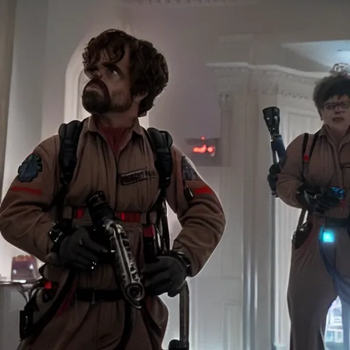 Image similar to stunning awe inspiring peter dinklage as a ghostbuster in the movie ghostbusters, movie still 8 k hdr atmospheric lighting