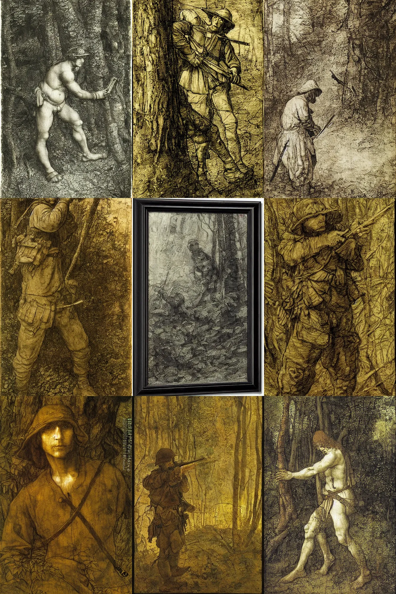 Prompt: future soldier in ambush in the woods by leonardo davinci, highly detailed
