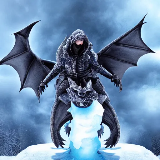 Prompt: mysterious figure with ski goggles riding a dragon made of ice, digital art, 4 k ultra hd, hyper realistic