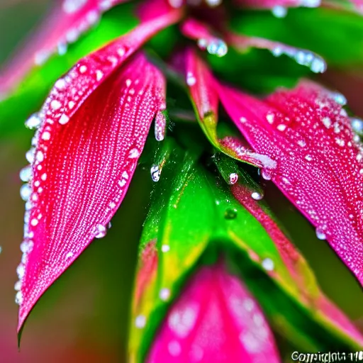 Prompt: breath taking macro photo of flowering spigelia marilandica ( indian pink ) covered in early morning dew. backlit by the morning sun.