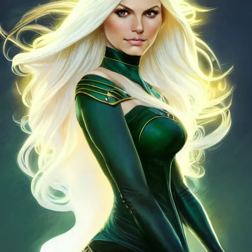 Image similar to Blonde Victoria Justice with green eyes as Emma Frost, western, D&D, fantasy, intricate, elegant, highly detailed, digital painting, artstation, concept art, matte, sharp focus, illustration, art by Artgerm and Greg Rutkowski and Alphonse Mucha