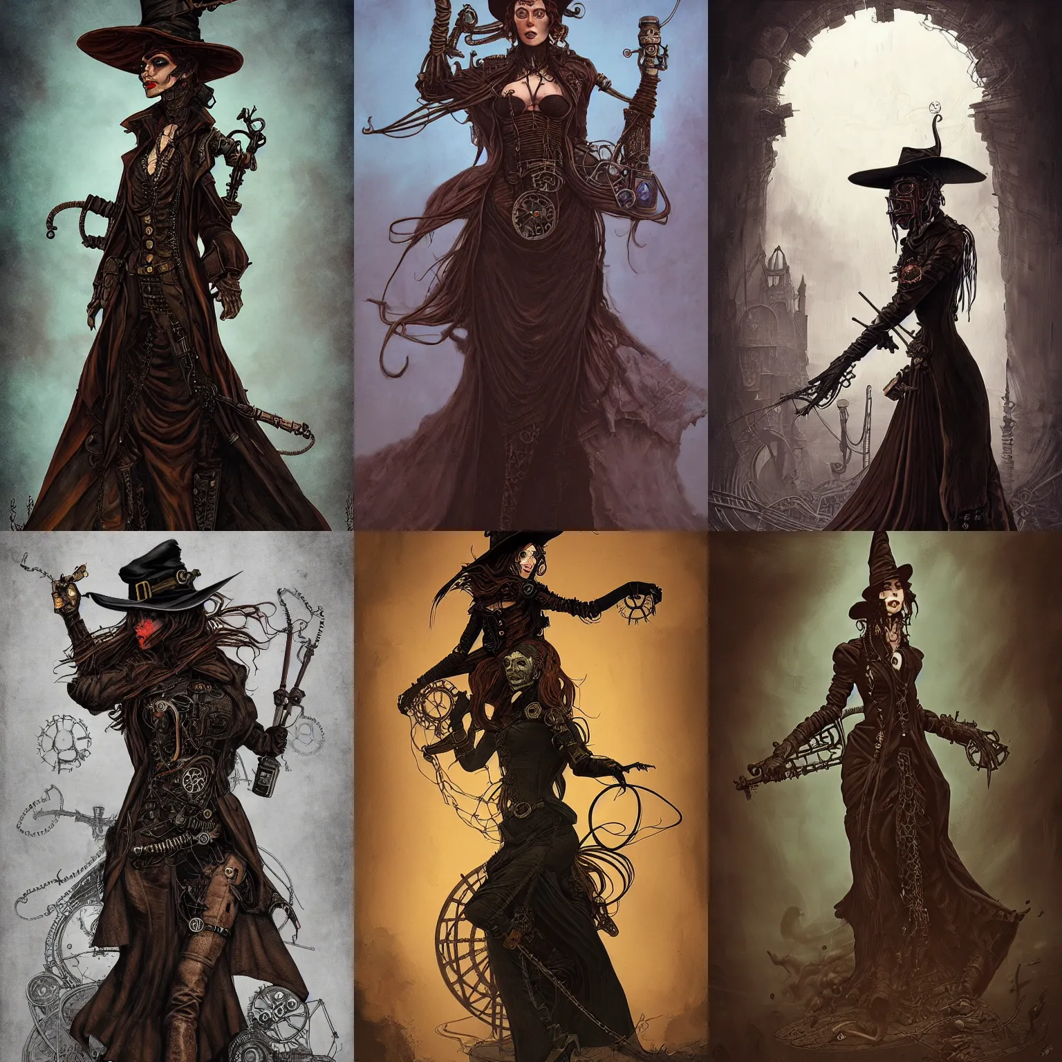 Prompt: long - shot of a steampunk witch, full color, dark colors, artstation, trending, intricate lining, inspired by tormentum dark sorrow screenshot, by piotr ruszkowski, h. r. giger and zdzisław beksinski