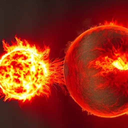 Image similar to red hot burning sphere embedded in fireball explosion with fire, 4 k