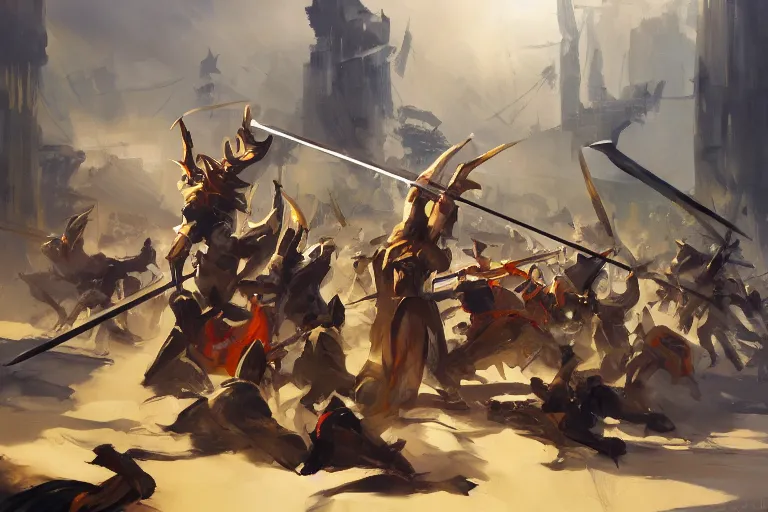 Prompt: greg manchess painting of a pile of swords in the middle of an arena, profile picture, organic painting, sunny day, matte painting, bold shapes, hard edges, street art, trending on artstation, by huang guangjian, gil elvgren, ruan jia, randy vargas, greg rutkowski