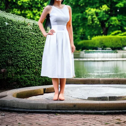 Prompt: a full body portrait of a European young maid standing in front of a fountain in a park, 8k, photo taken with Sony a7R camera, by William-Adolphe