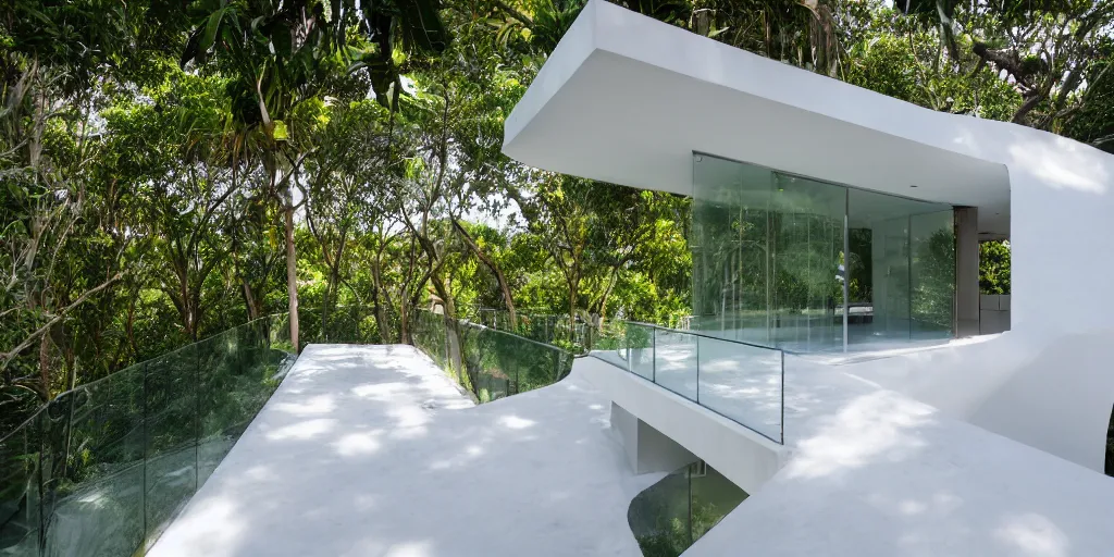 Prompt: Architectural photography of beautiful nature meets architecture building by Luis Barragán, in a tropical forest, volumetric lighting,, luxury, clear glass wall, white concrete, deck, railing, external staircases, terrace, high detail, 14mm, cinematic photography, archdaily, high resolution