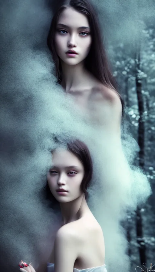 Prompt: photo of eternal peace, a gorgeous young girl , searching for eternity, dark forest in the style of stefan kostic, realistic, sharp focus, 8k high definition, high fashion, vogue, insanely detailed, soft light, colorful smoke, intricate, elegant, art by stanley lau and artgerm, sigma 85mm art