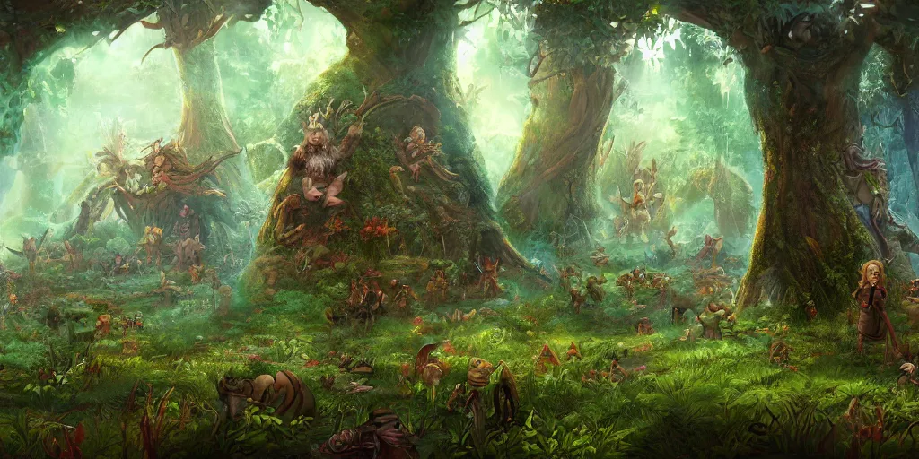 Image similar to forest biome full of dwarves and fairies, fantasy apocalypse, digital art, 4 k