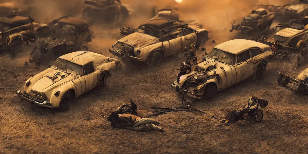 Image similar to needle felt of car chase scene from fury road ( 2 0 1 5 ), tilt shift, action shot, explosions, dust, detailed textures, dramatic light, god rays