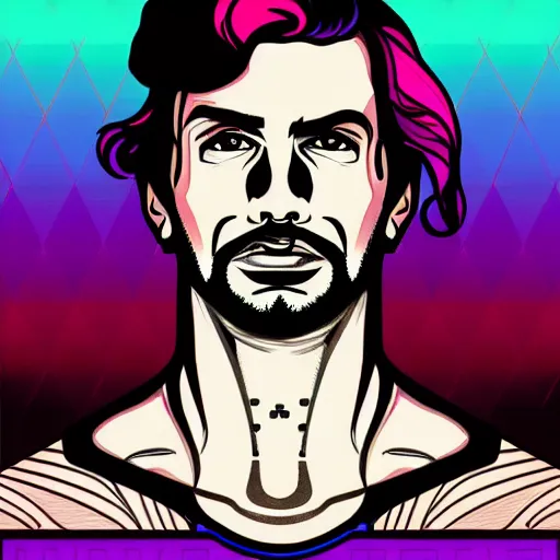 Image similar to a portrait of tattooed the beautiful man, in retro colors, synthwave style, 2 d digital vector art