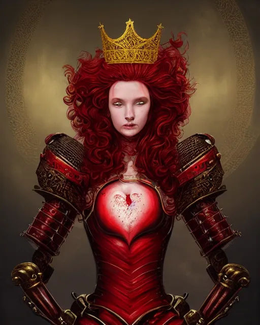 Image similar to redhead queen knight in red armor, exposed beating heart in chest with gold veins, inside grand hall in castle with rococo aesthetic, crown, scar face, elden lord, intimidating, high fantasy, intricate detail, digital painting, artstation, concept art, smooth, sharp focus, illustration, art by yoshitaka amano and monia merlo and wlop