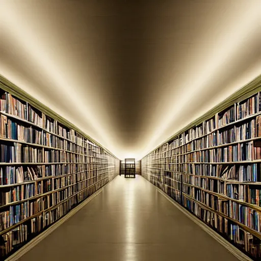 Prompt: a long eerie hallway of library bookcases with flickering florescent lights on the ceiling