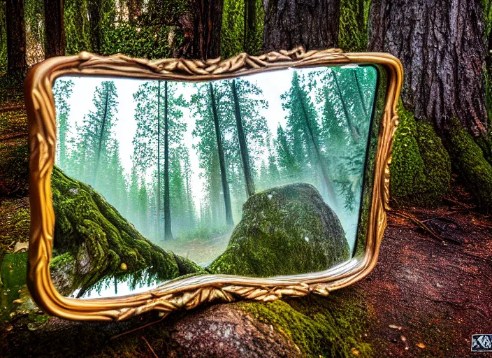 Image similar to photo of a crystal mirror that is a portal to another magical world. Forest in the background. Fantasy magic style. Highly detailed 8k. Intricate. Nikon d850 55mm. Award winning photography.