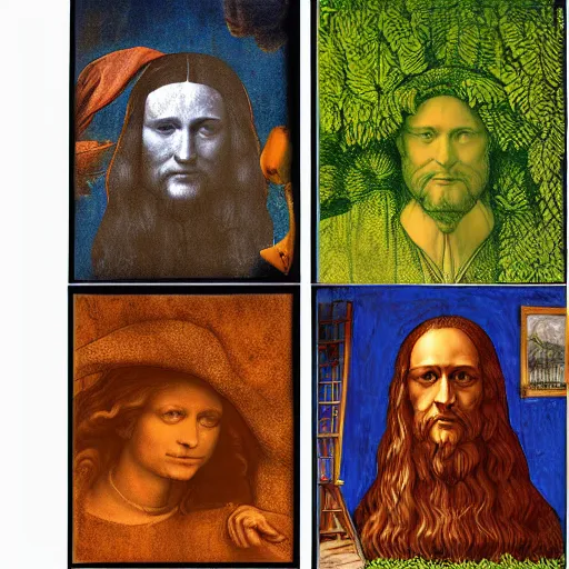 Prompt: photo gallerydock portraits of leonardo da vinci and the washing machine, dark psychedelic courtyard, poster art luminus rapids spice pine tree, by joe jusko and