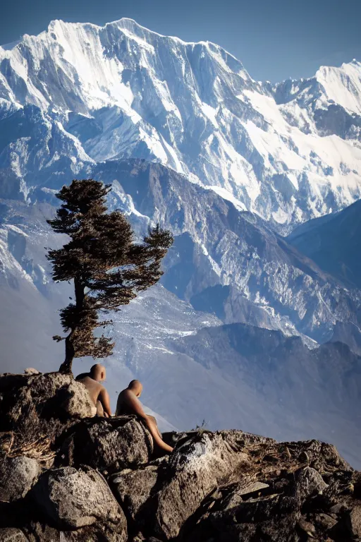 Image similar to A monk with his back to the camera sits beside a rock on a distant top of the mountain, looking at the snowy Himalayas in the distance, faith,4k, realistic,photography,landscape,high contrast,ISO100,EF200,trending on artstation.